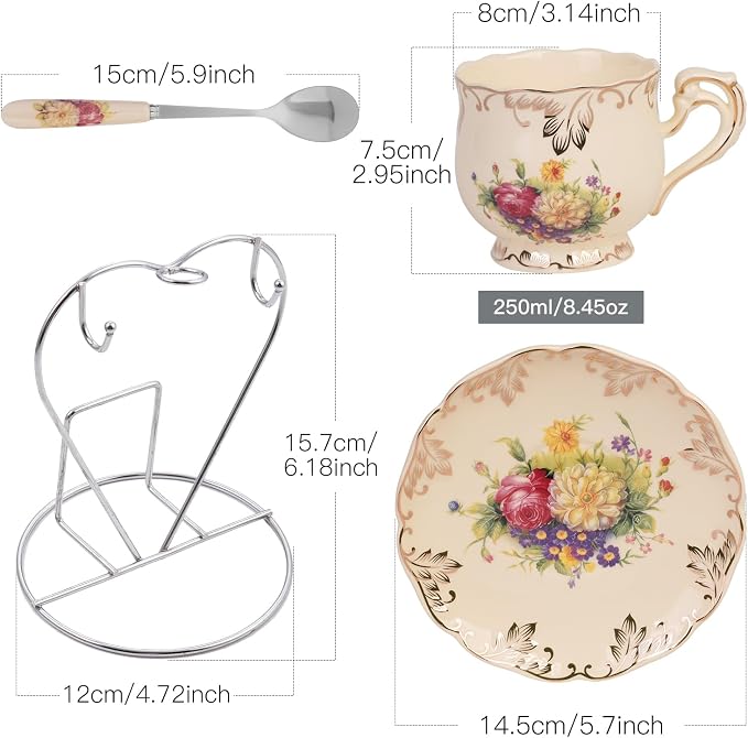 YOLIFE Tea Cup and Saucer Set of 2, 8 oz Vintage Ivory Porcelain Tea Cups Set with Stand, Teacup Saucer Set - Flowering Shrubs with Gold Leaves