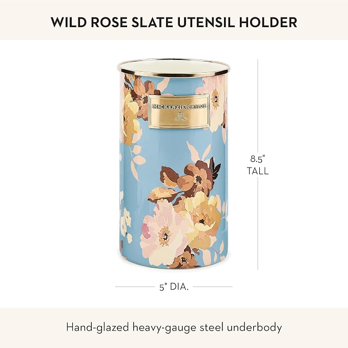 MACKENZIE-CHILDS Enamel Utensil Holder, Stylish Kitchen Countertop Organizer, Wild Rose Slate