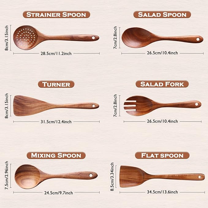 6-Piece Teak Wood Cooking Utensil Set, Wooden Spoons for Cooking | Durable, Non Toxic, Non-Stick, Smooth Finish, Easy to Clean, Comfort Grip, House Warming Gift