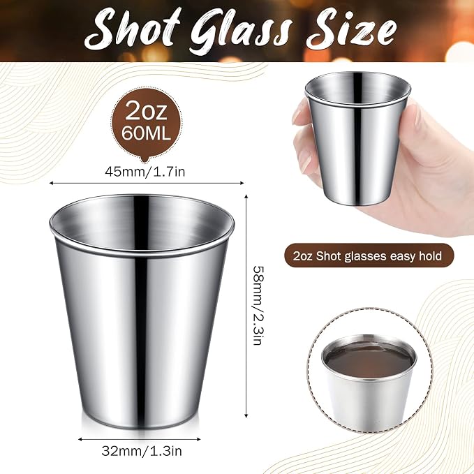Lallisa 2 oz Stainless Steel Shot Glasses Metal Cups Small Unbreakable Shot Glass for Espresso Whiskey Bar Home Restaurant Camping Barware Gift (Silver,100 Pcs)
