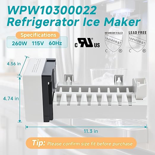 WPW10300022 Refrigerator Ice Maker, Replacement for Whirlpool Maytag Amana Kenmore, Replaces Part W10300022 AP6019085 PS11752389