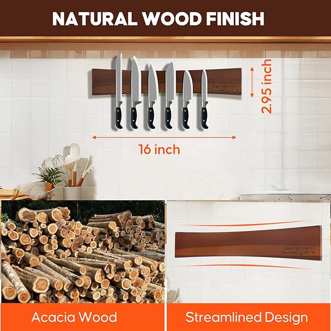 16 Inch Magnetic Knife Holder for Wall,Acacia Wood Double Sided Magnetic Knife Strip for Fridge,No Drilling