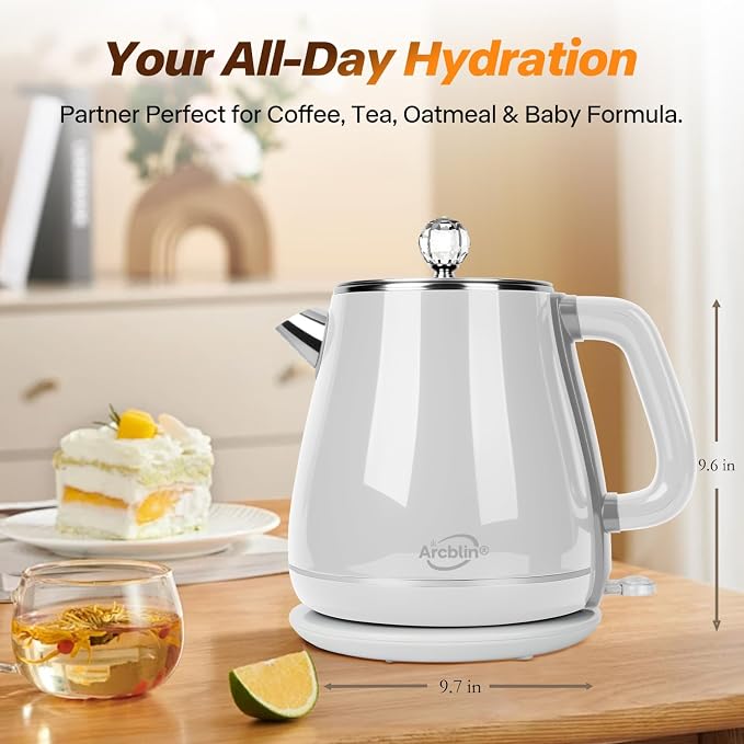 Retro Electric Tea Kettle 1.8L, BPA Free, Stainless Steel Electric Hot Water Kettle for Boiling Water, 1350W Fast Boil, Automatic Shut Off, Boil-Dry Protection,Pearl White