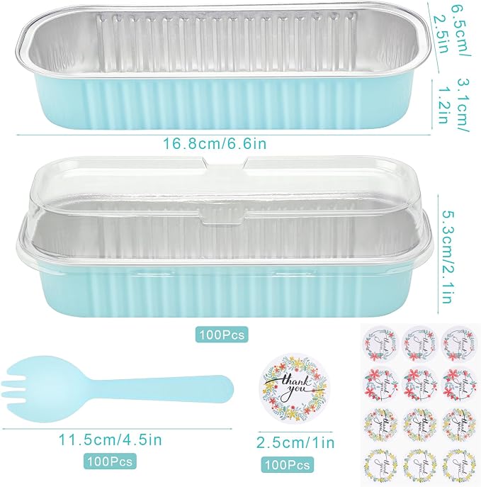 100Pack Mini Cake Pans Disposable Mini Loaf Pans with Lids and Spoons and Stickers, 6.8Oz Aluminum Foil Pans Tins, Individual Dessert Cups Containers for Sales,Party,Picnics Sky Blue