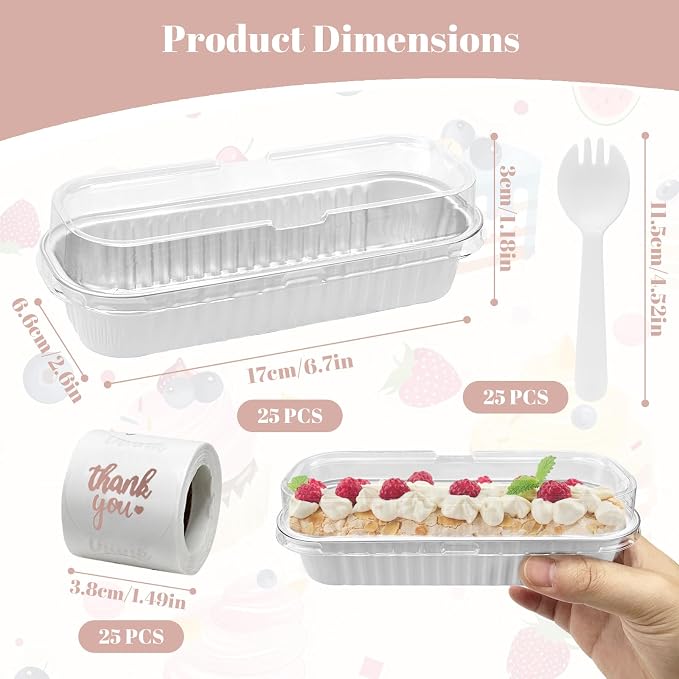 25Pack White Mini Cake Pans with Lids 6.8 Oz Mini Loaf Pans and Spoons and Stickers, Aluminum Foil Pans Tins, Individual Dessert Cups Containers for Sales,Party,Picnics