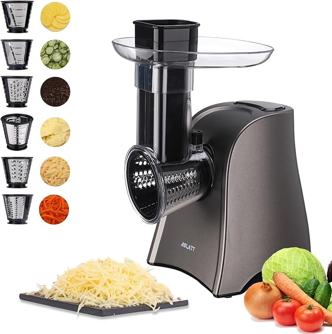 Electric Cheese Grater, One-Touch Control Grater Machine for Vegetables, Fruits, Potatoes, Salad Maker with 6 Free Attachments