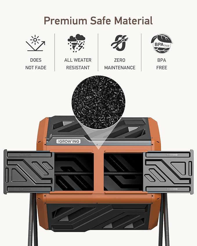 THEGROW'ING 43 Gallon Dual Chamber Compost Bin with Built-in Nuts & Thermometer, Outdoor Rotating Composter Tumbler for Garden Backyard, Orange