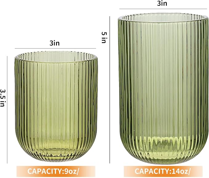 Set of 8 Ribbed Glassware,4 Highball Glasses 14oz & 4 Rocks Drinking Glasses 9oz, Green, Origami Style, Fluted Design, for Milk, Water, Cocktail, Juice, Beer, ToothBrush Cup, Gift