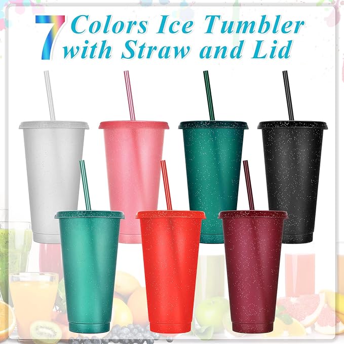 Honeydak 15 Pack Tumbler with Straw and Lid Bulk Cups for Gifts Glitter Plastic Coffee Cups 24-27 oz Reusable Water Bottle Iced Coffee Travel Mug Party Favors for Birthdays Travel (Bright Colors)