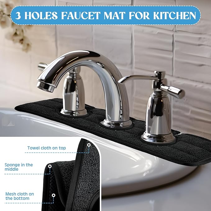Teenyyou 2 Pcs Faucet Mat for Kitchen Sink Splash Guard for Kitchen Sink Faucet Dish Drying Mat for Bathroom Sponge Holder(Black,3 Round Holes)