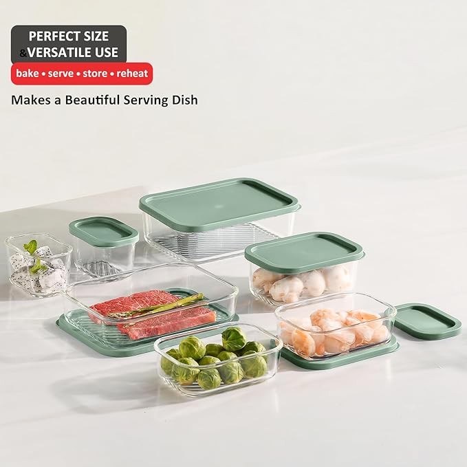 EATEX Grooved Base Glass Meal Prep Containers, 7 Pack Glass Storage Containers with Lids for Meal Prep & Lunch, Microwave Oven Freezer Dishwasher Safe, Anti Moisture Non-Stick Design - Sage Green