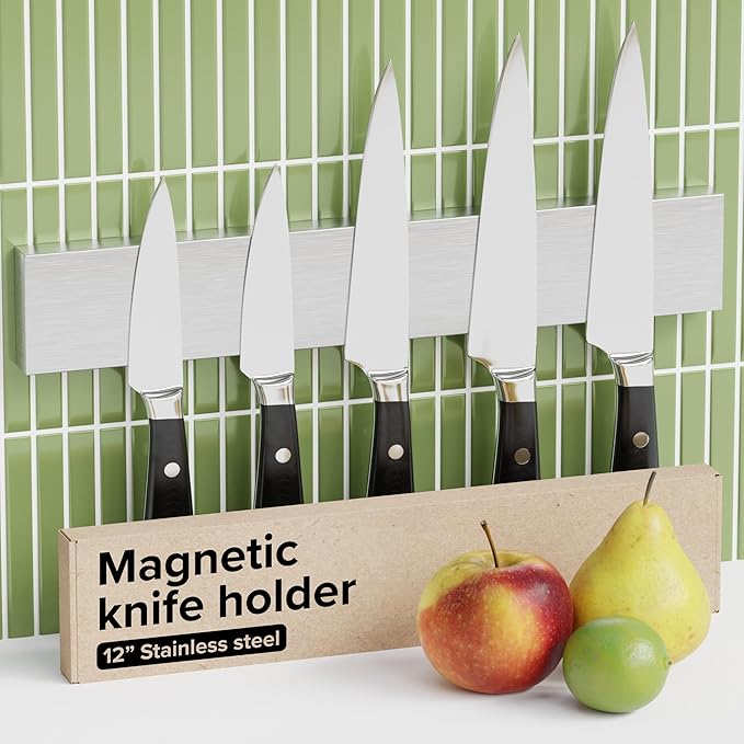 Knife Magnetic Strip 12" Steel – Magnetic Knife Holder for Wall no Screws – Kitchen Utensil Holder, Knife Bar, Knife Rack, Kitchen Organizer and Tool Holder