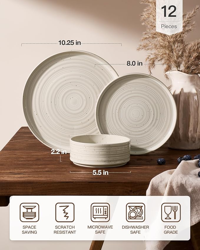 12-Piece Reactive Glaze Stoneware Dinnerware Sets for 4 - High Edge Plates and Bowls with Speckles & Spirals - Chip & Scratch Resistant, Microwave & Dishwasher Safe - Shell Beige