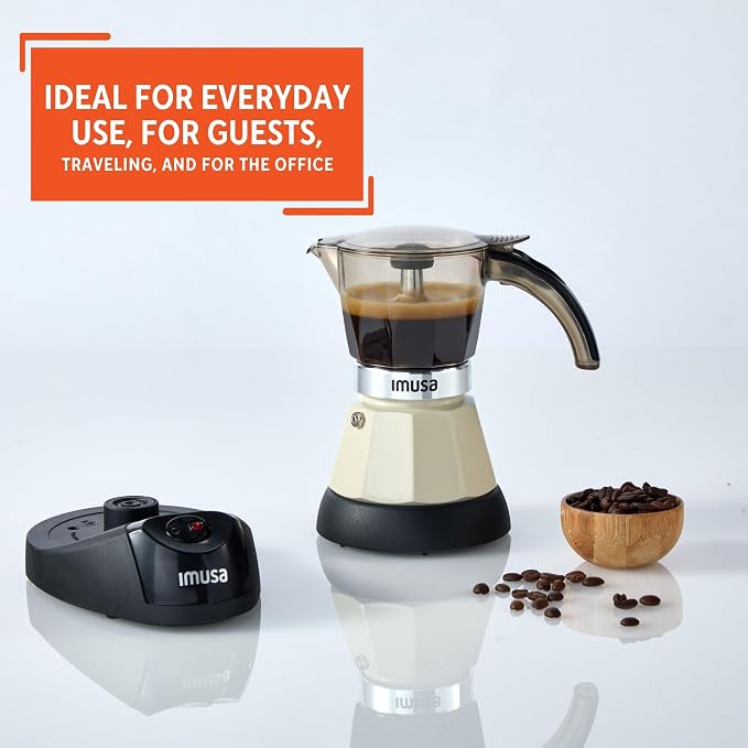 IMUSA 3 or 2 Cup Electric Almond Espresso Maker, Compact Moka Coffee Machine with Keep Warm Function, Detachable Base, Milk Coffee Brewer for Cuban, Italian & Espresso Drinks