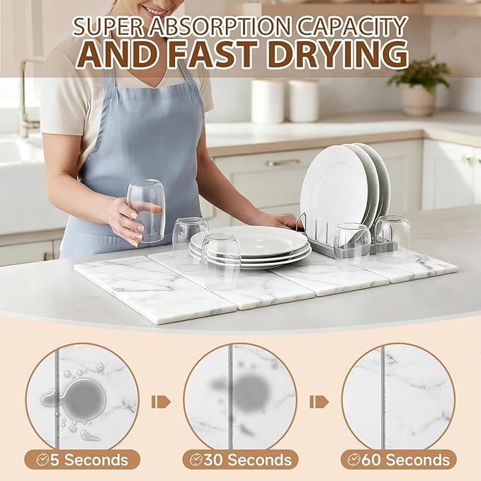Large Stone Dish Drying Mat for Kitchen Counter,24"(L)×16"(W),Quick Dry Super Absorbent Drying Matt Kitchen Counter,Collapsible Diatomaceous Earth Dish Mats,for Dishes Bottles Cups,Any Countertop