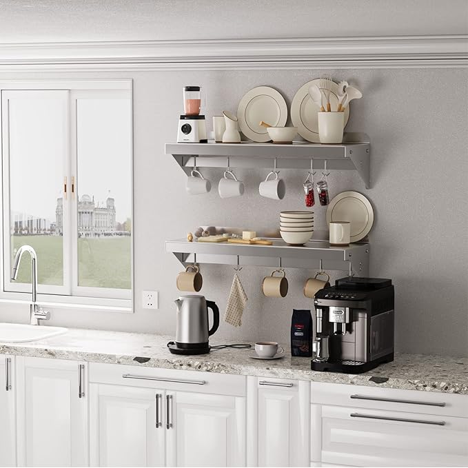 12" x 24" NSF Certified Stainless Steel Wall Mount Shelf - Multifunctional Metal Storage Rack with Backsplash and 5 Hooks