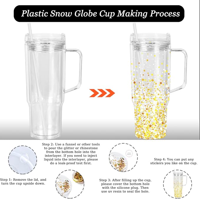 CHLJAR 40 Oz Plastic Snow Globe Tumbler with Handle, 4 Pack Pre-Drilled Double Wall Acrylic Clear For Glitter snow globe Diy, Snowglobe Tumbler Supplies, Double Wall For Glitter Snow Globe