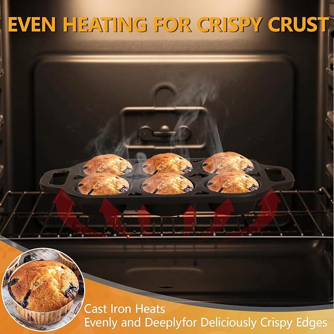 6 Cup Cast Iron Muffin Pan - Pre-Seasoned Nonstick Muffin Tin, Regular Size Cupcake Baking Pan