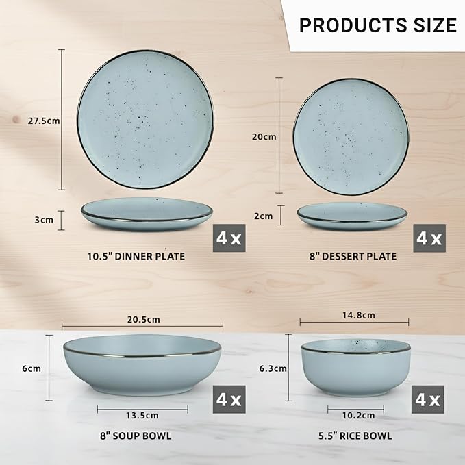 Dinner Set 16 PCS – Premium Ceramic Tableware in Blue – Includes 4 Dinner Plates, 4 Side Plates, 4 Rice Bowls & 4 Soup Bowls – Durable, Stylish & Microwave Safe