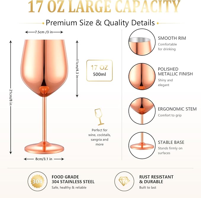 UNISWEET Stainless Steel Wine Glasses Set of 4 Unbreakable Wine Glass 18 oz Unique Metal Wine Goblets for Outdoor, Travel, Camping, Pool, Ideal Gift for Wine Lovers (Mirror-Rose Gold)