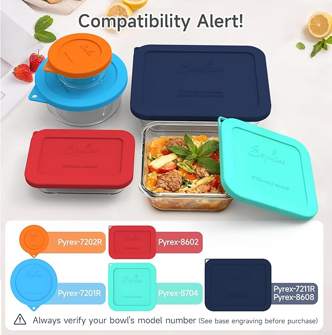 Sophico 7-Pack Silicone Lids for Pyrex Freshlock and SNAPWARE Glass Bowls - Airtight, Leakproof, Freezer/Dishwasher/Microwave Safe Replacement Rectangle Covers（Glass bowls not included）