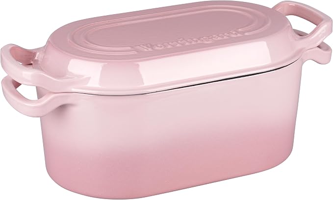 VORRINGARD Oval Dutch Oven Pot with Lid, Enamel Coating Cast Iron Bread Pans for Homemade Sourdough Bread Baking, Cooking, 4 Quart, Pink