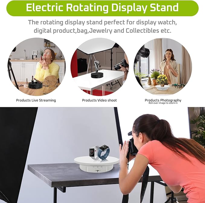 JAYEGT 3 in 1 Motorized Rotating Display Stand with 5.74/7.08/8.66 inch Replacement Cover，Max 22lbs Load , 3D Models, Cake -White