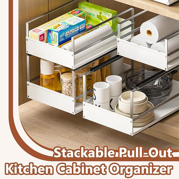 Pull Out Cabinet Organizer with Adhesive Nano Film, Heavy Duty Slide Out Pantry Shelves Drawer Storage, Under Sink Organizers for Bathroom, Kitchen (White,Stackable-11”W x 16.54”Dx 14.57”H)