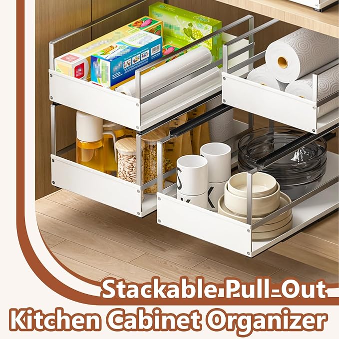 Pull Out Cabinet Organizer with Adhesive Nano Film, Heavy Duty Slide Out Pantry Shelves Drawer Storage, Metal Under Sink Organizers for Bathroom, Kitchen (White,11”W x 16.54”Dx 6.3”H)