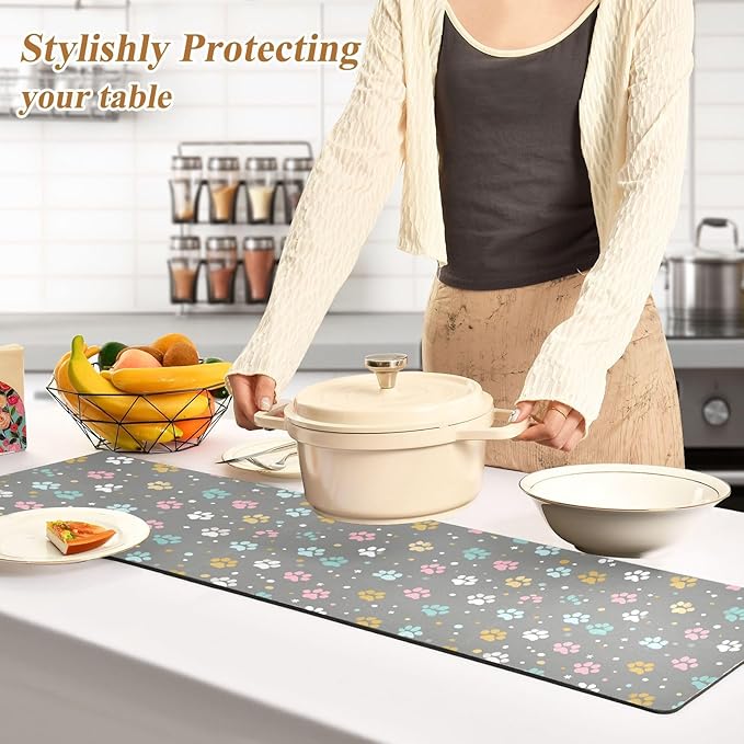 2 in 1 Table Runner Trivet for Hot Pots and Pans Heat Resistant Non Slip Waterproof 39 x 12 Inch Decorative Table Protector for Kitchen Countertop Paw Print Dots Stars Grey