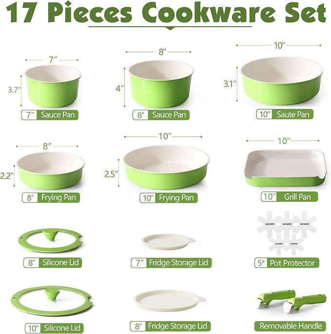 SENSARTE 17 Piece Ceramic Pots and Pans Set, Nonstick Detachable Handle Cookware, Induction Kitchen Cookware Set with Removable Handle, Dishwasher ＆ Oven Safe (Green)