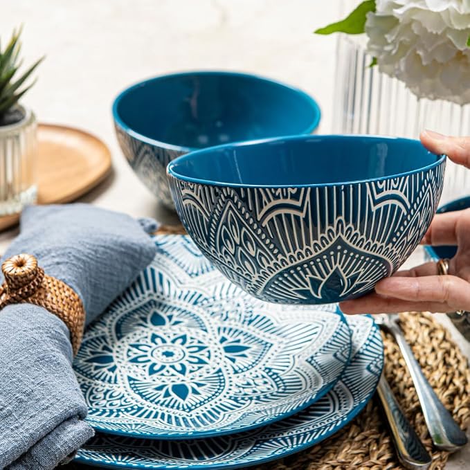 Bzyoo 12-Piece Ceramic Dinnerware Set: La La Mandala Blue Dish Set Design for Every Occasion - Microwave & Dishwasher Safe Stackable Plates Bowls
