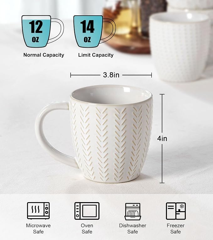 Lareina Coffee Mug Set of 4, 12 oz Ceramic Embossment Mug Set for Latte, Hot Tea, Cappuccino, Mocha, Cocoa, Housewarming Wedding Gift, Ivory White