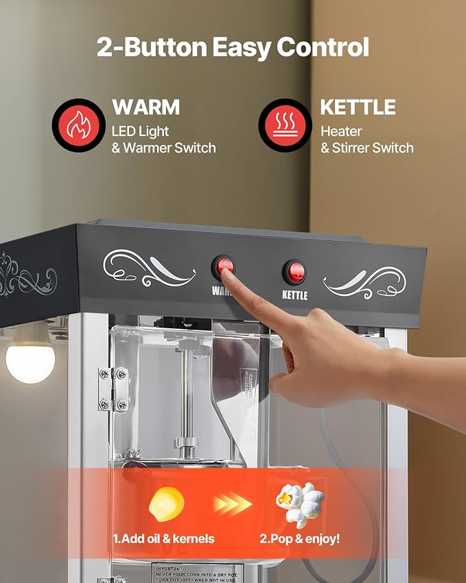 VEVOR Popcorn Machine with Cart, 8oz Stainless Steel Kettle, 800W Commercial Popcorn Maker, 48 Cups per Batch Theater Style Popper, with 2-Button Control Glass Wall PC Door 1 Scoop 3 Spoons, Black
