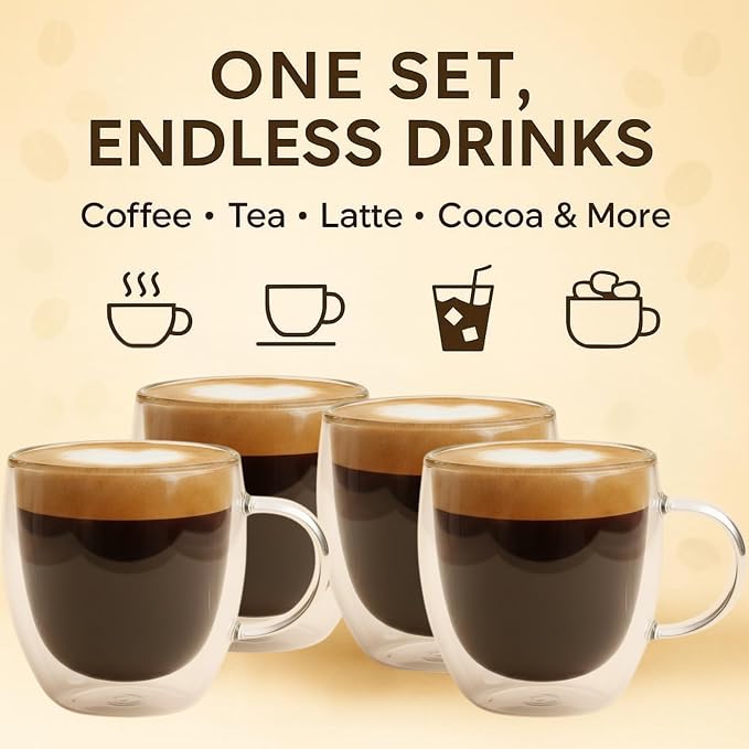 Casafoyer 9 Oz Double Wall Glass Coffee Cups Set of 4, Borosilicate Espresso Mugs