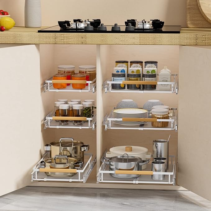 SANNO Pull Out Cabinet Organizer, Expandable Slide Out Organizer shelf for Kitchen Cabinets Organizer, Sliding Pantry Shelves - Roll Out Shelf Storage for Pots, Pans