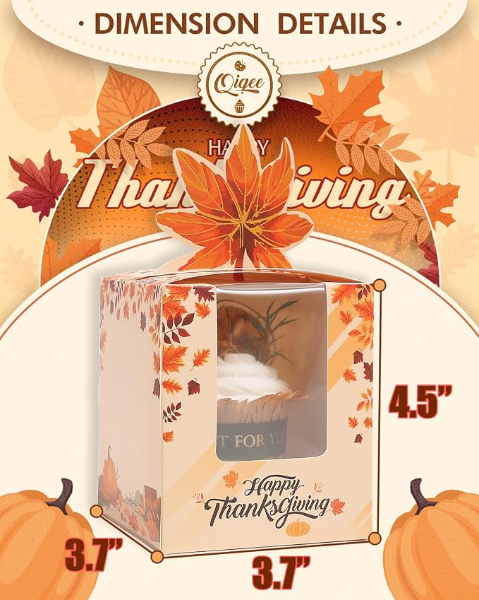 qiqee Thanksgiving Individual Cupcake Boxes Cupcake Holders Disposable 60pcs Single Cupcake Boxes with Window 3.7x3.7x4.5 inch Cupcake Containers For Thanksgiving
