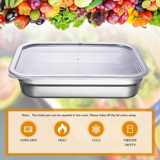 8 Pcs 304 Stainless Steel Food Storage Containers with Lids Hotel Pans Chicken Food Grade Pans Metal Meal Containers for Restaurant Stackable Kitchen Freezer Buffet (2.6 Inch Deep)