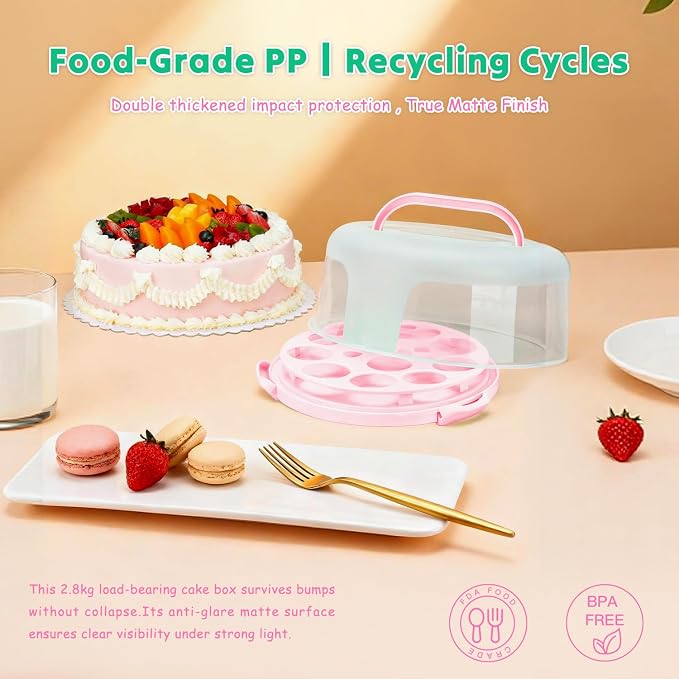 Cake Carrier, Cake Stand with Lid, Bpa-Free Cake Holder with Lid for 10 Inch Round Cake Carrier with 10 pcs Round Golden Cake Boards and Portable Insulated Bag & Two Boxes of Cupcake Paper Liners