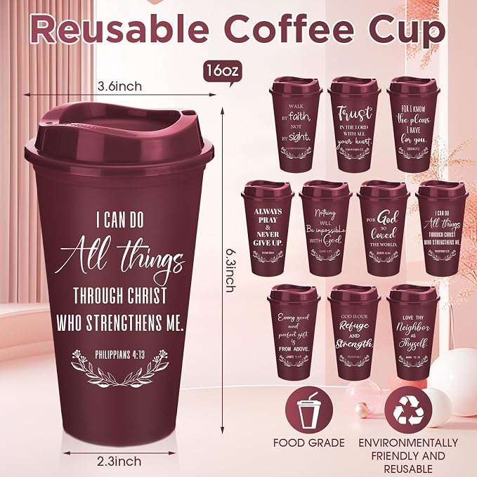 Skylety 20 Pack Bulk Christian Gifts for Men Women 16oz Reusable Bible Verse Tumbler Plastic Coffee Cup with Lid Inspirational Religious Church Gift for Teacher Graduation Party Favor (Burgundy)