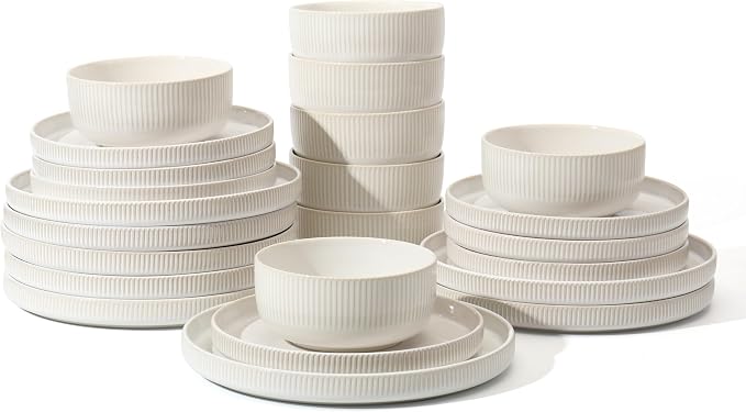 Frewinky Ceramic Dinnerware Sets for 8, Round Reactive Glaze Porcelain Plates and Bowls Sets, Scratch Resistant Modern Dishes Set, Dishwasher & Microwave Safe, Service for 8-White