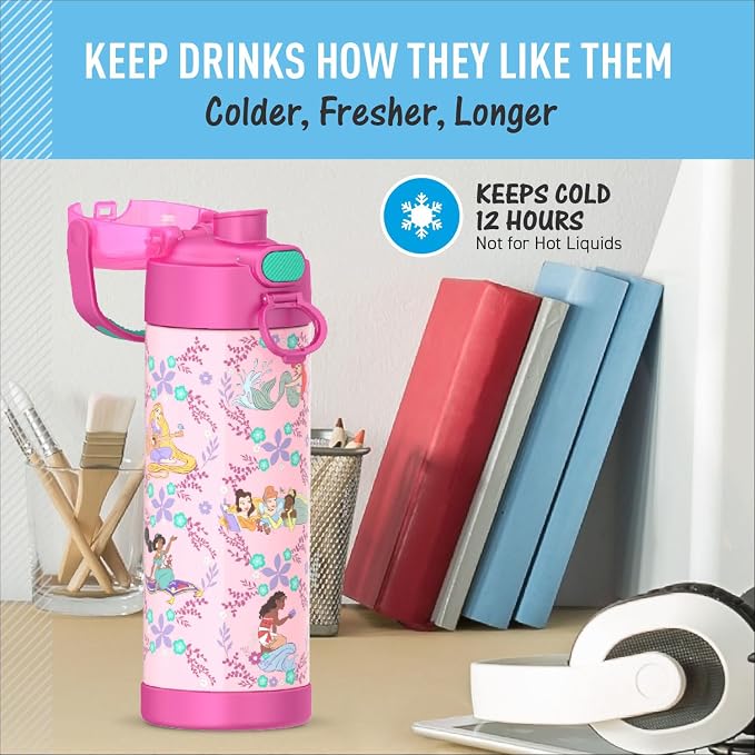 THERMOS FUNTAINER 16 Ounce Stainless Steel Vacuum Insulated Bottle with Wide Spout Lid, Princess