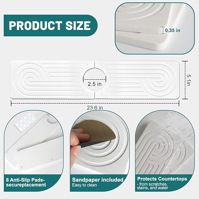 Hopegiver Stone Faucet Mat for Kitchen Sink - Fast Drying Diatomite Sink Protector Prevent Moisture, Super Water Absorbing Stone Tray for Kitchen & Bathroom Counter (White, 23.6"x5.1")