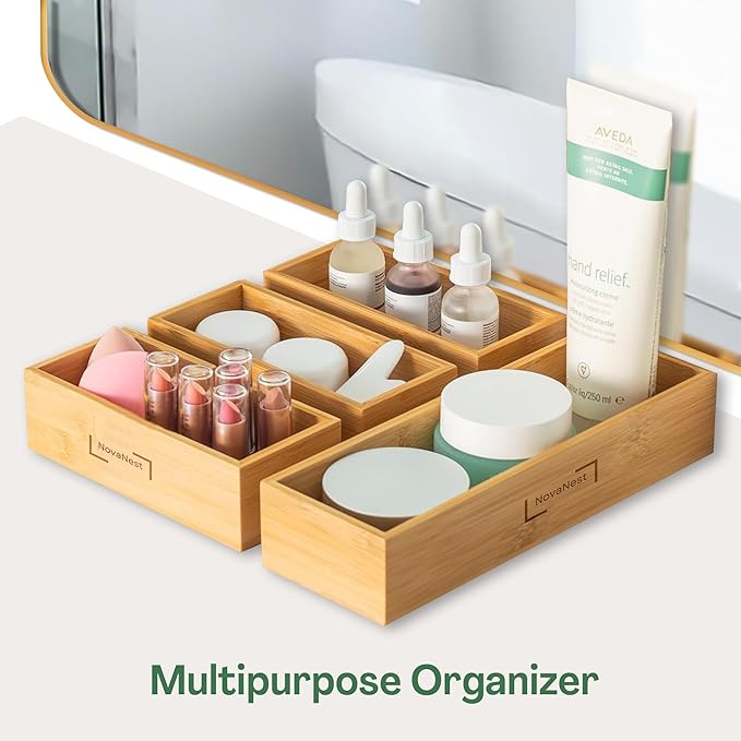 4PCS Bamboo Storage Bag Organizer Set Multi-Use Baggie Organizers for Gallon, Quart, Sandwich, Snack Food Bags, Tea Bag, Silverware, Ideal for Kitchen, Office, Makeup, Bathroom, Utensil, Junk Drawer