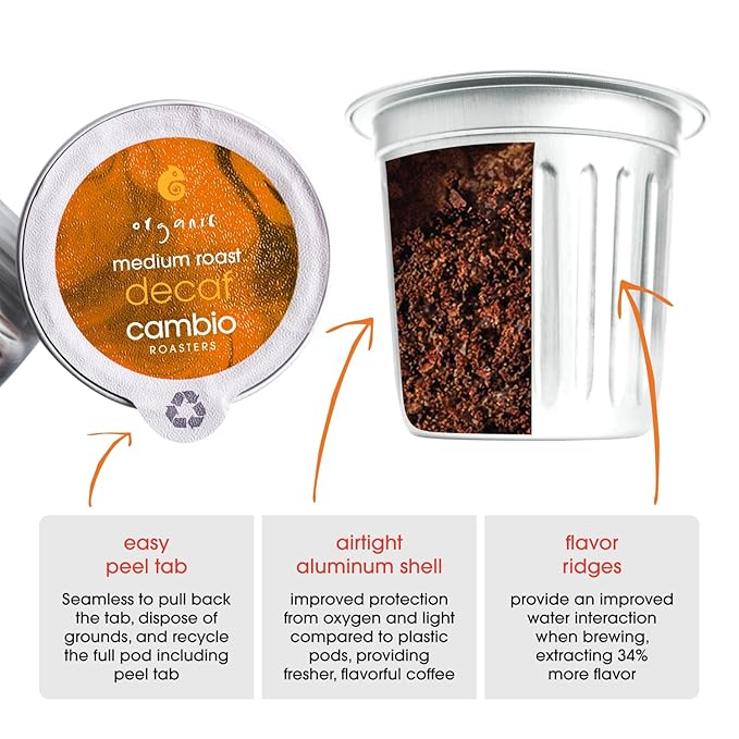 Cambio Roasters Organic Coffee Pods - Decaf Medium Roast, The Only Organic Recyclable Aluminum Coffee Pods, Small Batch Roasted, Keurig® Compatible, for Any Time of Day, Longer Lasting Freshness, 60 Count
