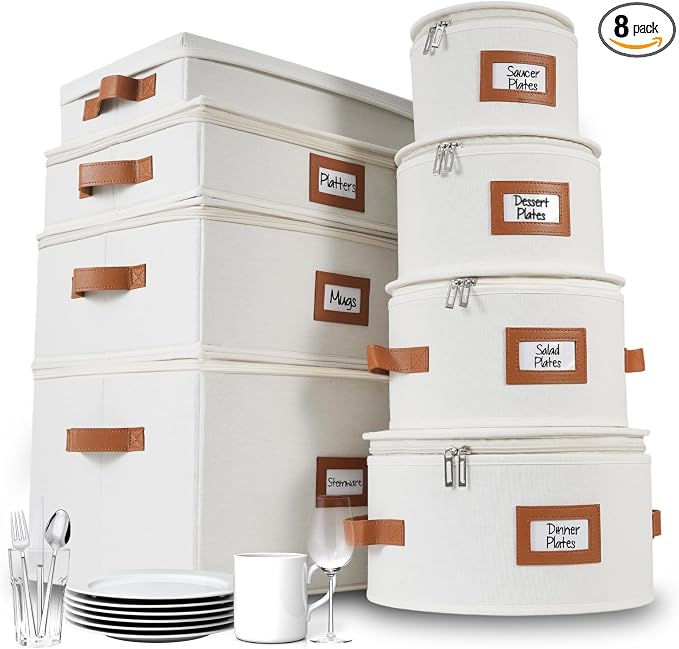 HOMELUX THEORY Hard Shell China Storage Containers, 8pc Ivory Mug & Plate Storage Box, Kitchen Storage Bins W/Lids, Heavy Duty Moving Box with Handles for Dishes, Glassware, Silverware, Cup & Mug