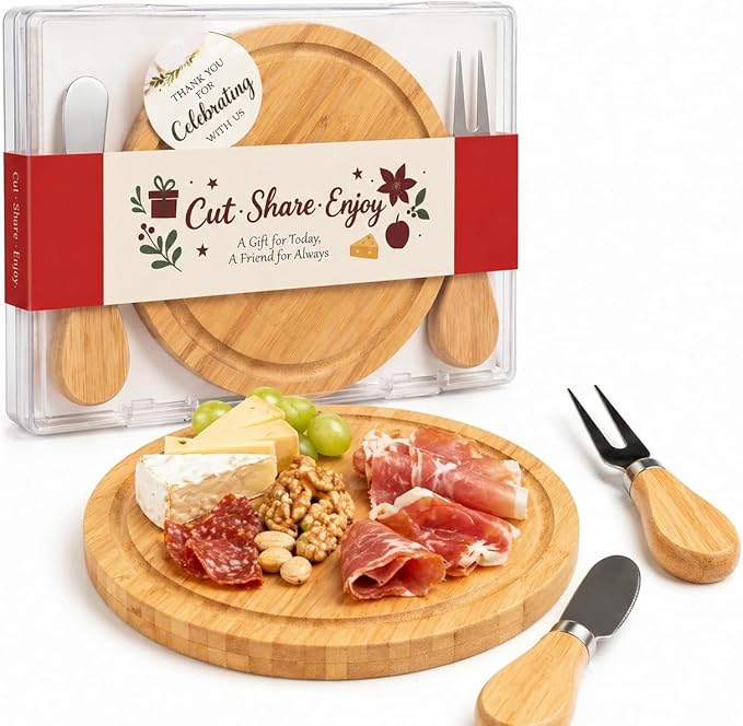 Upgraded storage-ready Small Cheese Board Set & Dessert Plate with Knife & Fork, 1-Pack 6-Inch Personal Charcuterie Tray, Bamboo, Gift-ready for Wedding, Bridal & Baby Shower Party