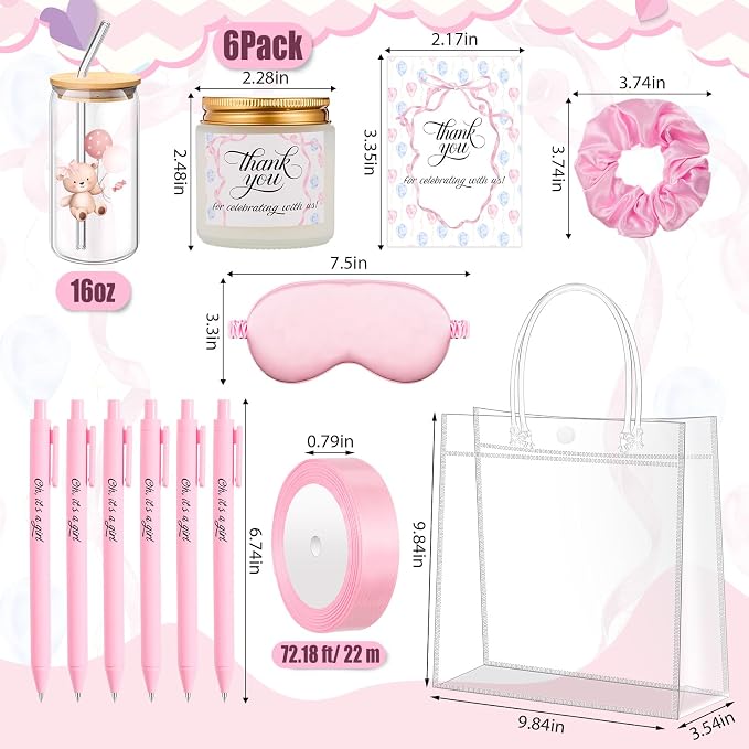 Reallnaive 43 Pcs Baby Shower Prizes for Player Winner Wedding Bridal Shower Favor Gifts Including Glass Cups Aromatherapy Candle Eye Mask Hair Band Greeting Card Pen Ribbon Gift Bag(Bear Style,Pink)