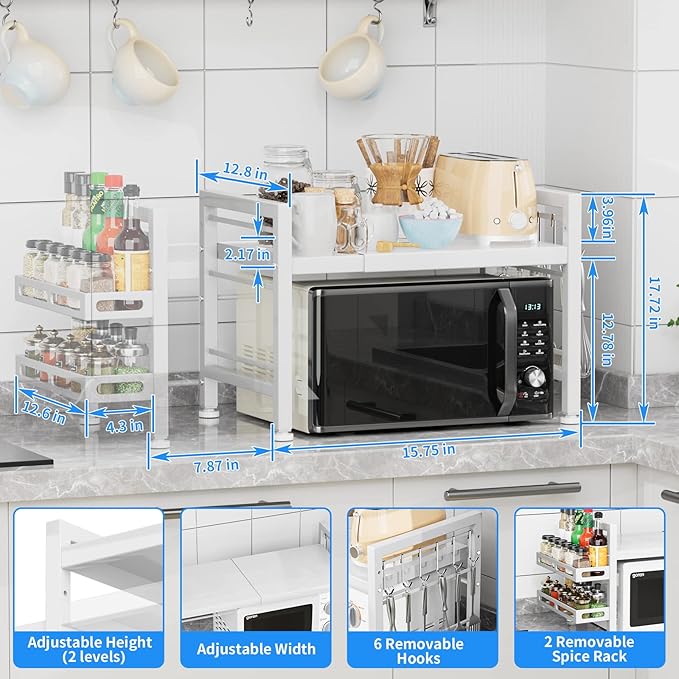 YIUKEA Over the Microwave Shelf - Adjustable Countertop Stand 2 Tier Rack (L15.723.6" xW12.8 xH17.7) with Spice Organizer and 6 Hooks for Kitchen White