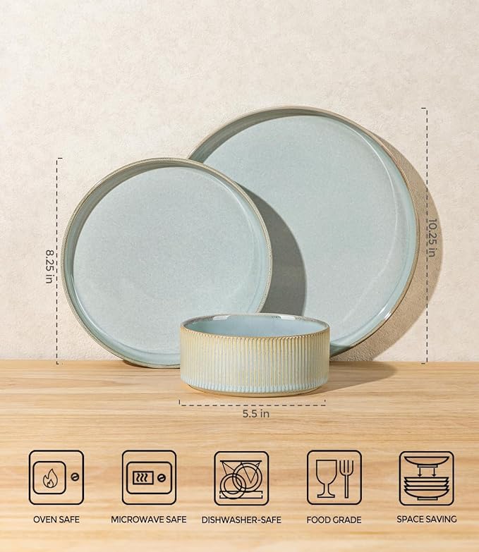 TheTerra Ceramic Dinnerware Sets for 8, 24 Pieces Porcelain Lightweight Plates and Bowls Sets, Scratch Resistant Dish Set, Oven & Microwave & Dishwasher Safe, Mist Blue